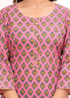 Pink  hand block print cotton kurta pant with dupatta 1