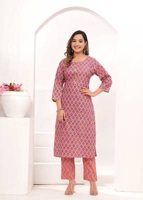 Pink  hand block print cotton kurta pant with dupatta 3