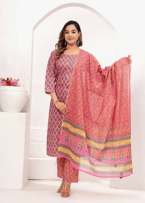 Pink  hand block print cotton kurta pant with dupatta 4