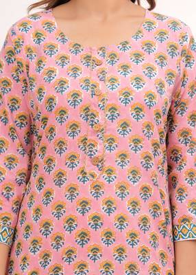 Pink  hand block print cotton kurta pant with dupatta 1