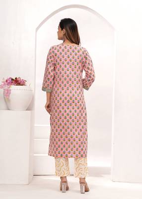Pink  hand block print cotton kurta pant with dupatta 2