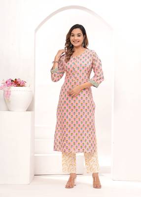 Pink  hand block print cotton kurta pant with dupatta 3