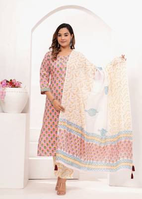 Pink  hand block print cotton kurta pant with dupatta 4