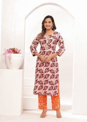 Pink  hand block print cotton kurta pant with dupatta 3