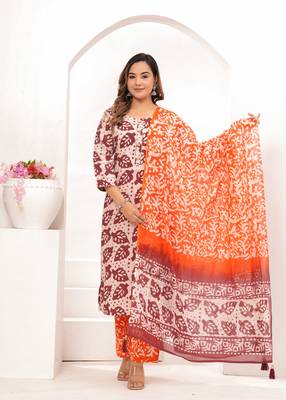 Pink  hand block print cotton kurta pant with dupatta 4