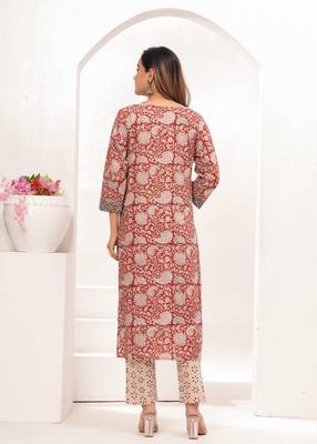 Pink  hand block print cotton kurta pant with dupatta 2