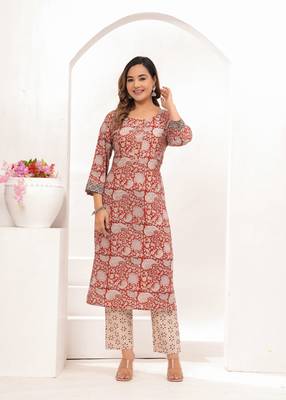 Pink  hand block print cotton kurta pant with dupatta 3