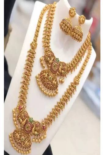 Gold plated traditional south indian stylish multicolour stone work long necklace with earrings for women