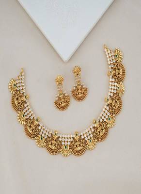 Gold tone ethnic choker stones studded necklace set for women 1