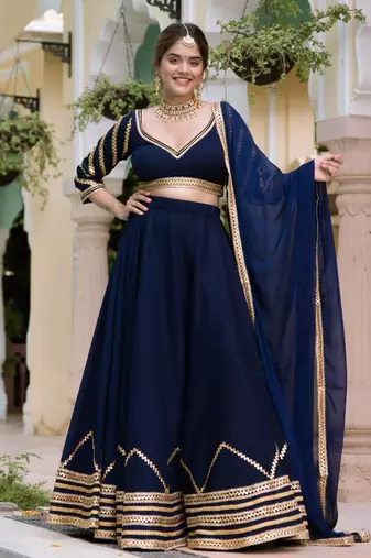 Navy Blue Silk Lehenga Choli with Gota Lace Work and Georgette Dupatta (set of 3)