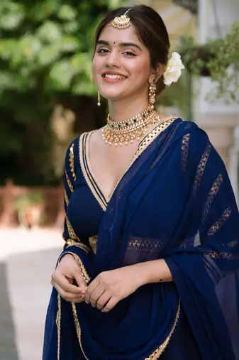 Navy Blue Silk Lehenga Choli with Gota Lace Work and Georgette Dupatta (set of 3)