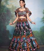 Elegant Black Lehenga Set with shoulder wrap choli with Exquisite Embroidery for Navratri (Set of 3)