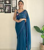 Rama Solid Saree With Fancy Arco Border Work And Heavy Embroidery Sequins Work Blouse For Bollywood Glam Looks