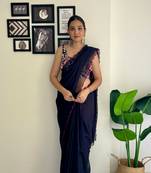 Black Solid Saree With Fancy Arco Border Work And Heavy Embroidery Sequins Work Blouse For Bollywood Glam Looks