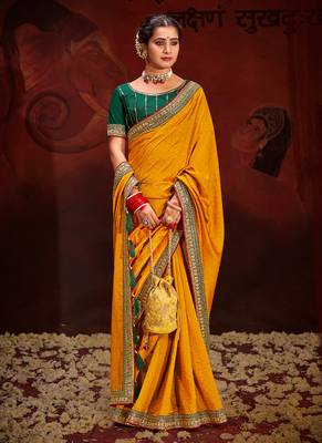 Ethnic Yellow Embroidered Saree With Trendy Swarovski Work And Heavy Work Blouse 2