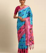 Blue Smart Traditional Style Printed Cotton c Saree With Woven Border For Classy Looks