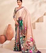 Designer Girlish Style Crepe c Ethnic Partywear Beige Floral Printed Saree