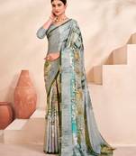 Designer Girlish Style Crepe c Ethnic Partywear Grey Floral Printed Saree