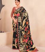 Designer Girlish Style Crepe c Ethnic Partywear Black Floral Printed Saree