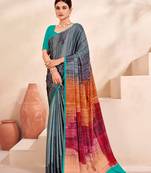 Grey Printed Partywear Ethnic Crepe Soft Silk Ceremonial Saree