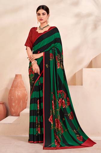 Green Printed Partywear Ethnic Crepe Soft Silk Ceremonial Saree