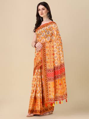Orange ly Printed Linen Saree Trendy Girlie Looks In Wedding Season 1