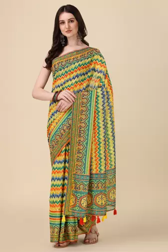 Multi ly Printed Linen Saree For Trendy Girlie Looks In Wedding Season