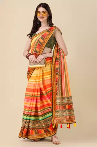 Multi ly Printed Linen Saree Trendy Girlie Looks In Wedding Season