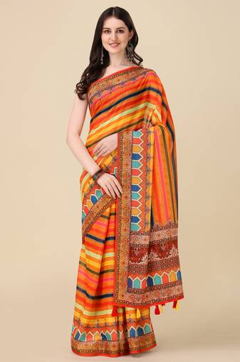 Multi ly Printed Linen Saree For Trendy Girlie Looks In Wedding Season