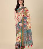 Cream ly Printed Linen Saree For Trendy Girlie Looks In Wedding Season