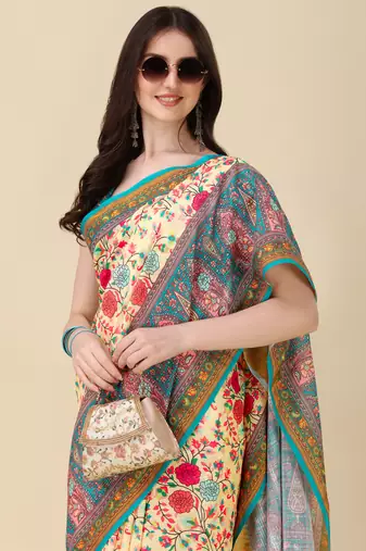 Cream ly Printed Linen Saree Trendy Girlie Looks In Wedding Season