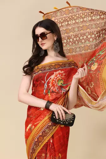 Red ly Printed Linen Saree Trendy Girlie Looks In Wedding Season