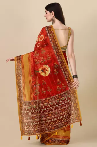 Red ly Printed Linen Saree Trendy Girlie Looks In Wedding Season