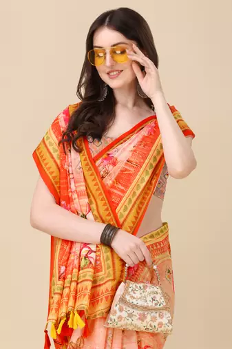 Peach ly Printed Linen Saree Trendy Girlie Looks In Wedding Season