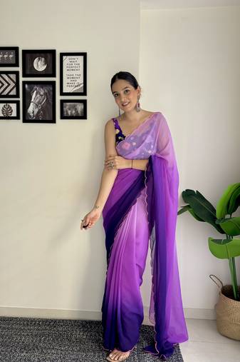 Purple Alia Style Padding Saree For Bollywood Theme Party Looks Wedding Ceremonial Wear With Sequins Blouse
