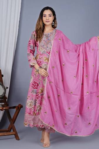 Pink colour designer cotton fabric style fancy ceremonial wedding readymade suit