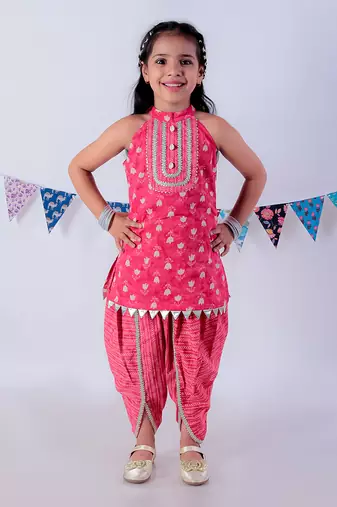 Red cotton kurta with dhoti ethnic set