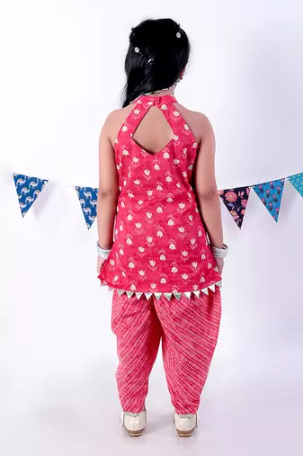 Red cotton kurta with dhoti ethnic set