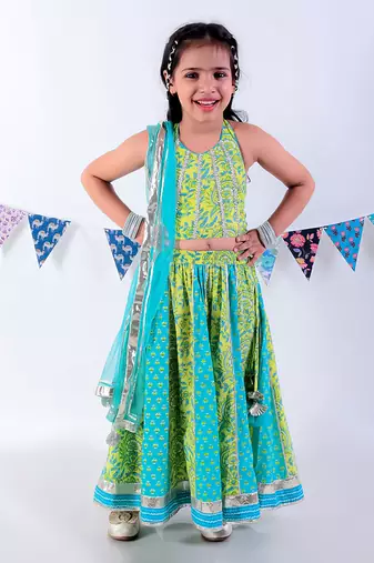 Green cotton lehanga and choli with dupata ethnic set