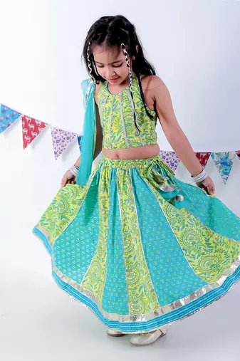 Green cotton lehanga and choli with dupata ethnic set