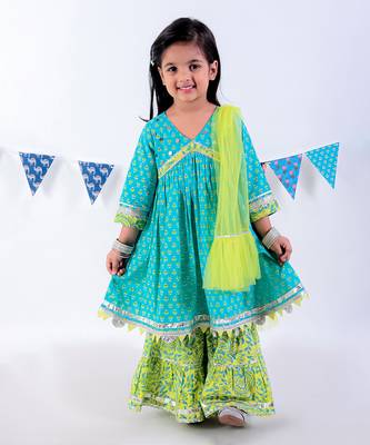 Green cotton kurta with sharara with dupata ethnic set 2