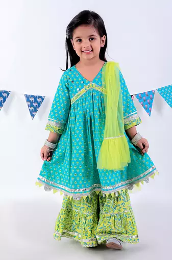 Green cotton kurta with sharara with dupata ethnic set