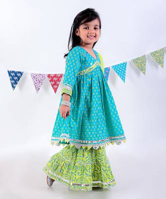 Green cotton kurta with sharara with dupata ethnic set 3