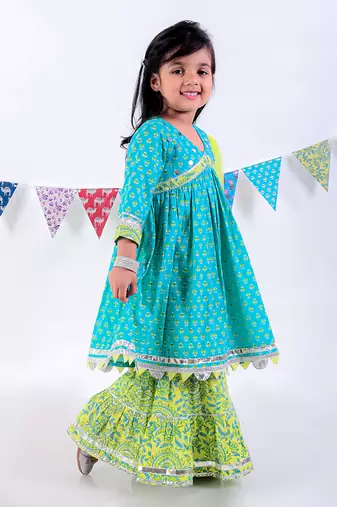 Green cotton kurta with sharara with dupata ethnic set