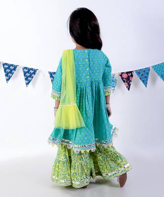 Green cotton kurta with sharara with dupata ethnic set 4