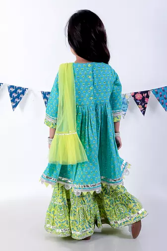 Green cotton kurta with sharara with dupata ethnic set