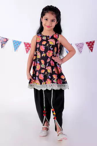 Black cotton kurta with dhoti ethnic set