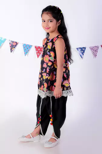 Black cotton kurta with dhoti ethnic set