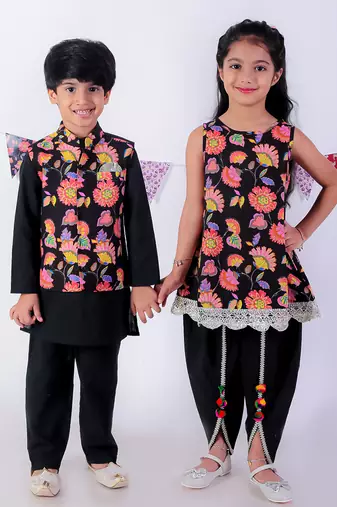Black cotton kurta with dhoti ethnic set