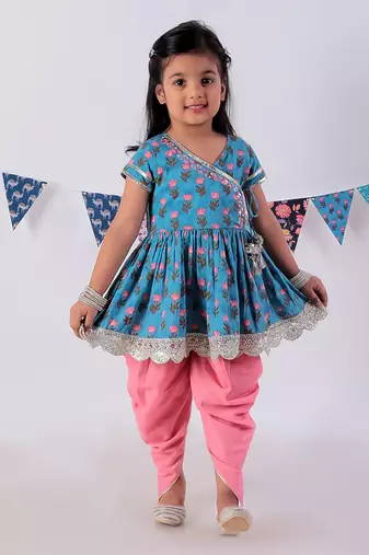 Blue cotton kurta with dhoti ethnic set